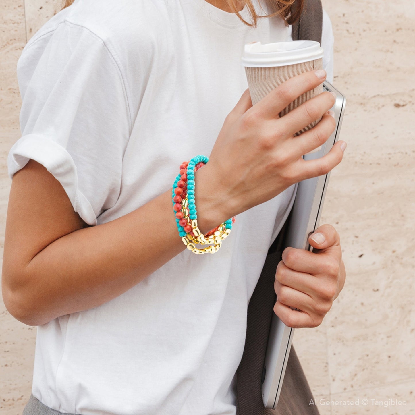 Mesa Blue Magnesite and Red Coral Golden Bracelet Set