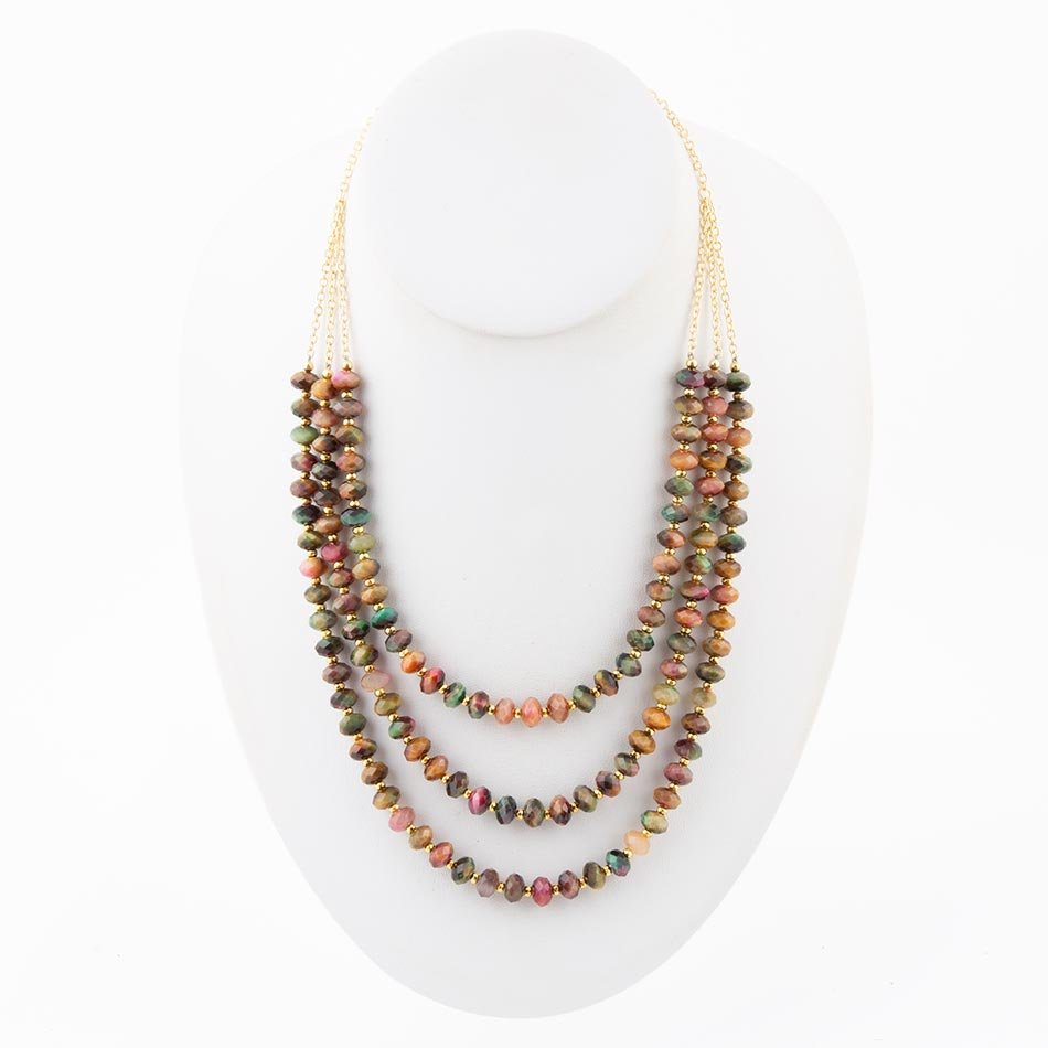 Jeweled Multi-Color Tiger's Eye Triple Strand Golden Necklace