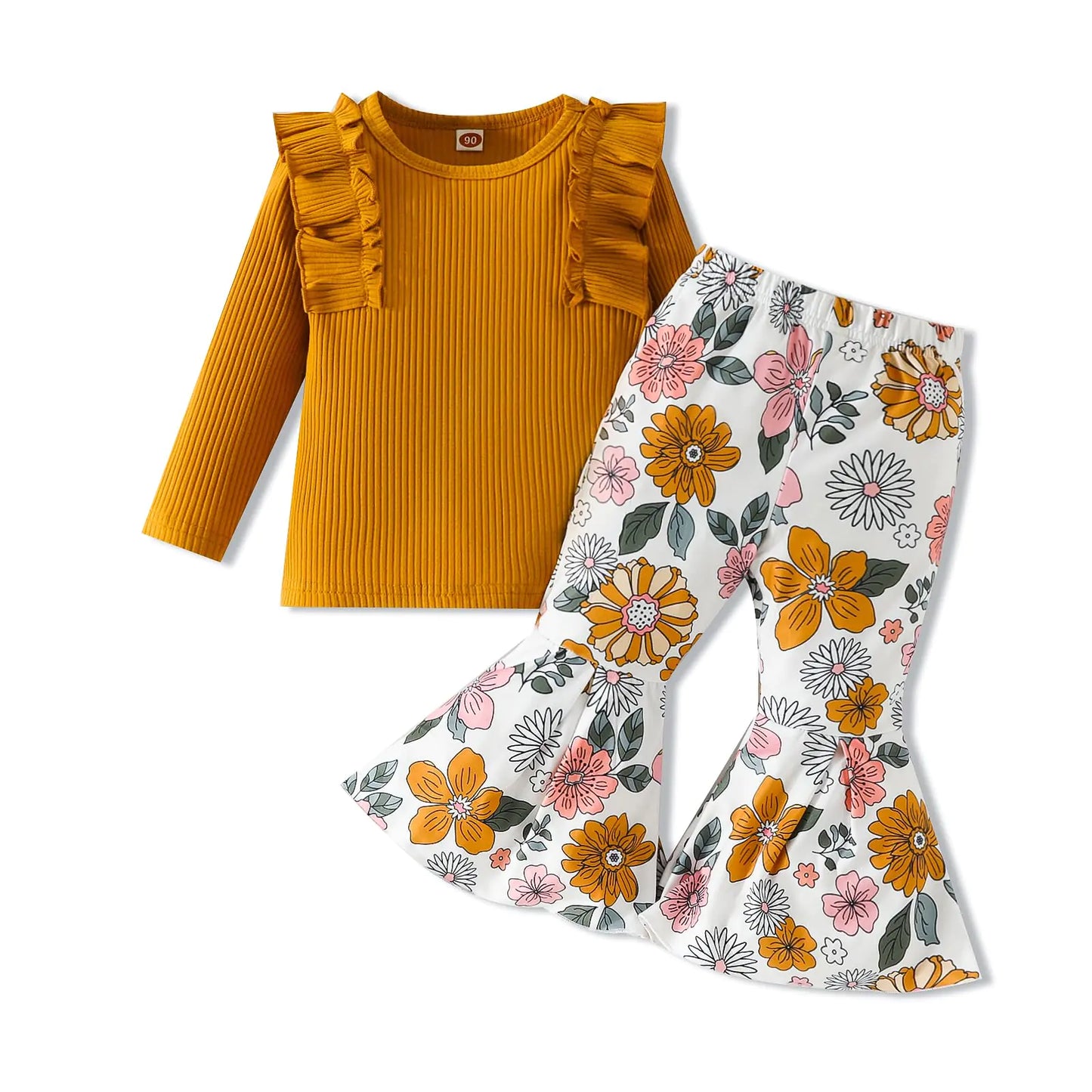 Kislio Toddler Baby Girl Clothes Long Sleeve Ruffle Ribbed Brown Tops Flare Pants Bell Bottoms Fall Winter Outfit Set - # BAAA51210001
