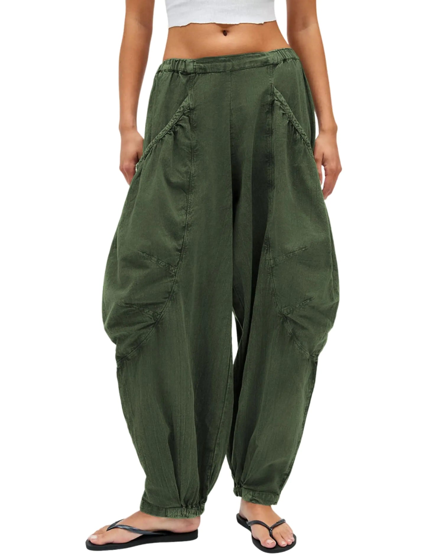 Tomosc Harem Pants for Women Casual Loose Palazzo Elastic Waisted Cotton Linen Wide Leg Pants with Pockets (10W-ArmyGreen-L) - # GIAA23410016