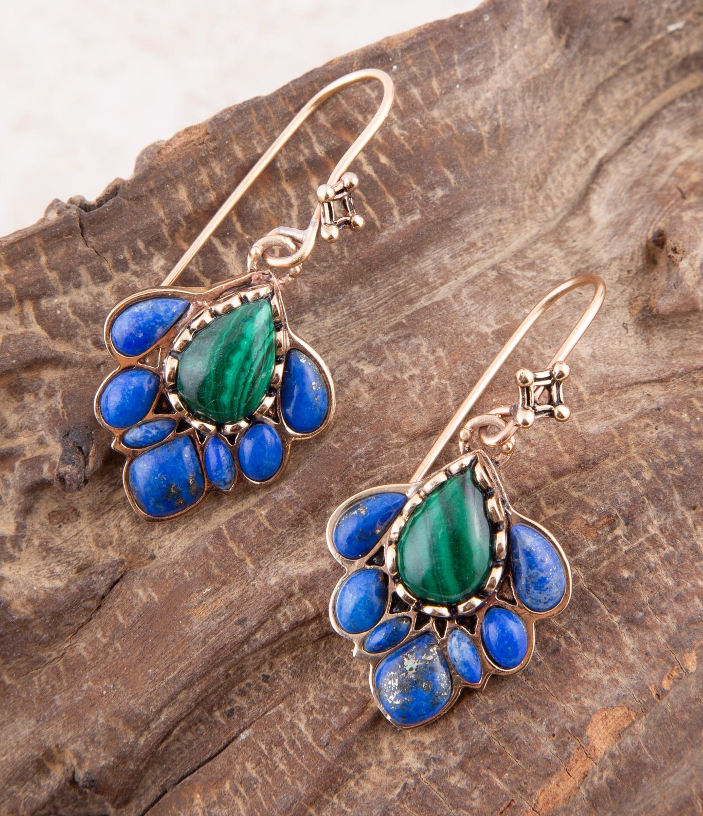 Peacock Blue Lapis Golden Drop Earrings