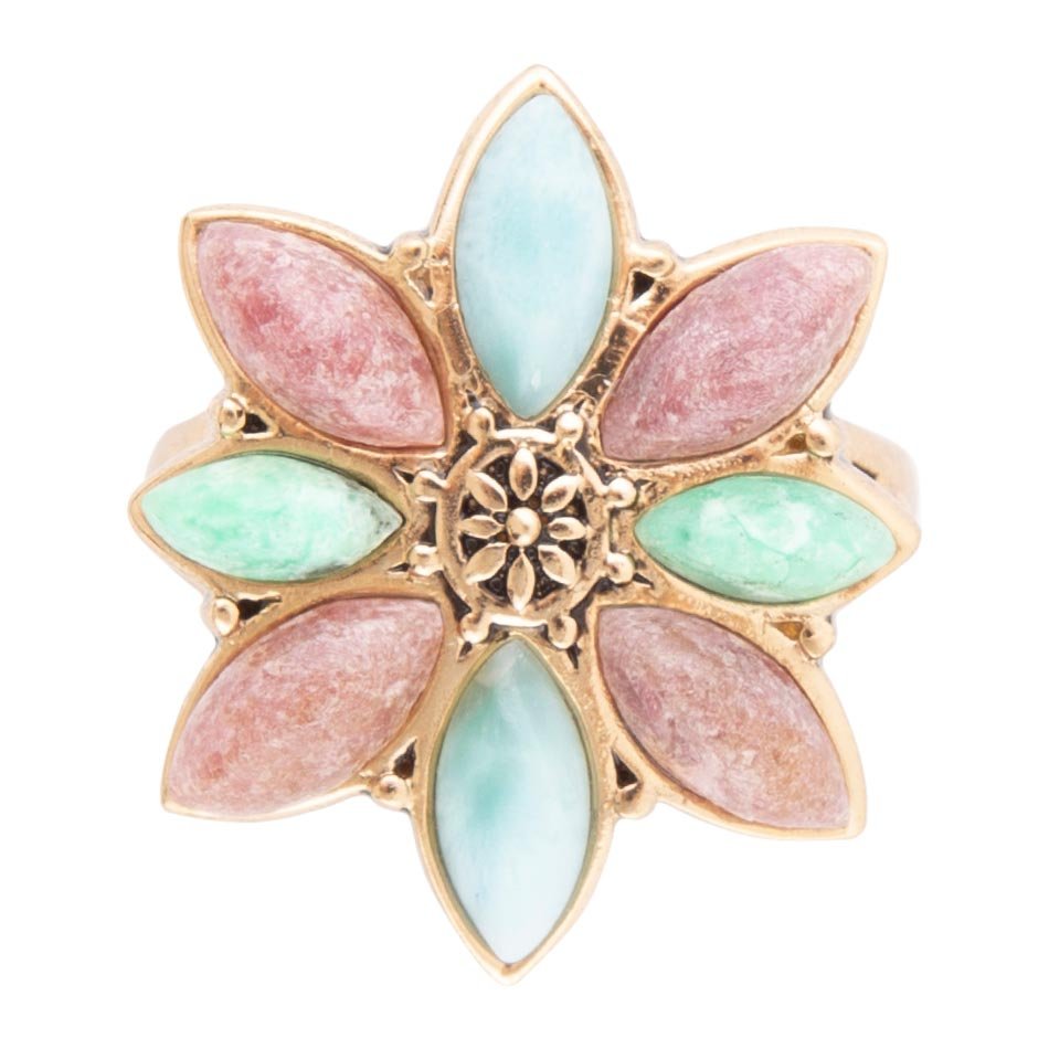 Pink Rhodonite Blue Amazonite and Green Varacite Petals Golden Statement Ring