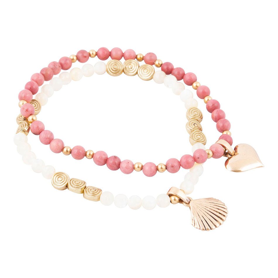 Pink Rhodonite and White Pearl Golden Heart Charm Bracelet Set