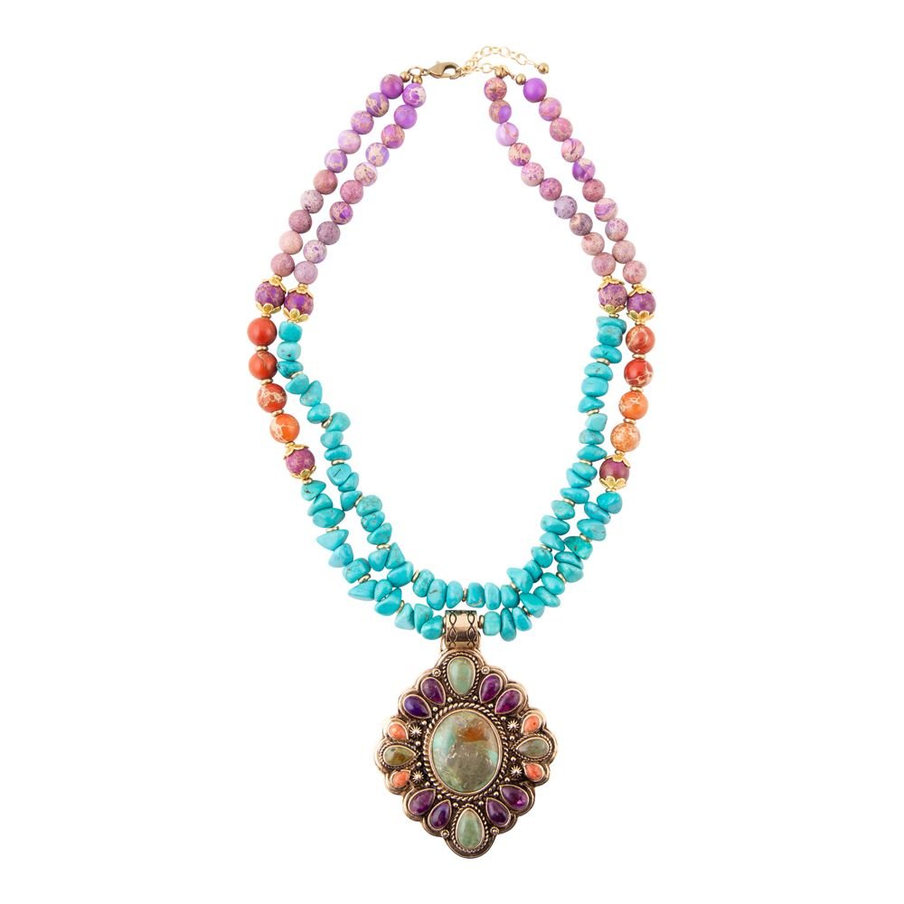 Prescott Blue Turquoise Purple and Orange Statement Pendant Golden Necklace