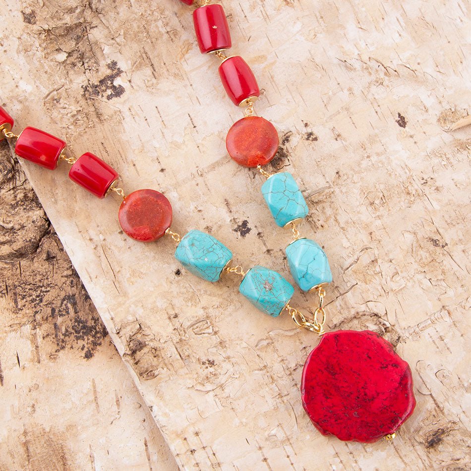 Red River Turquoise and Coral Rosary Pendant Necklace