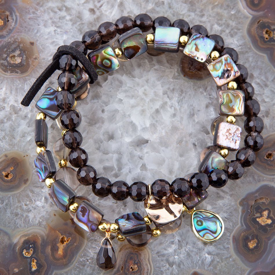 Sepia Sea Black Smoky Quartz and Blue Abalone Bracelet Set