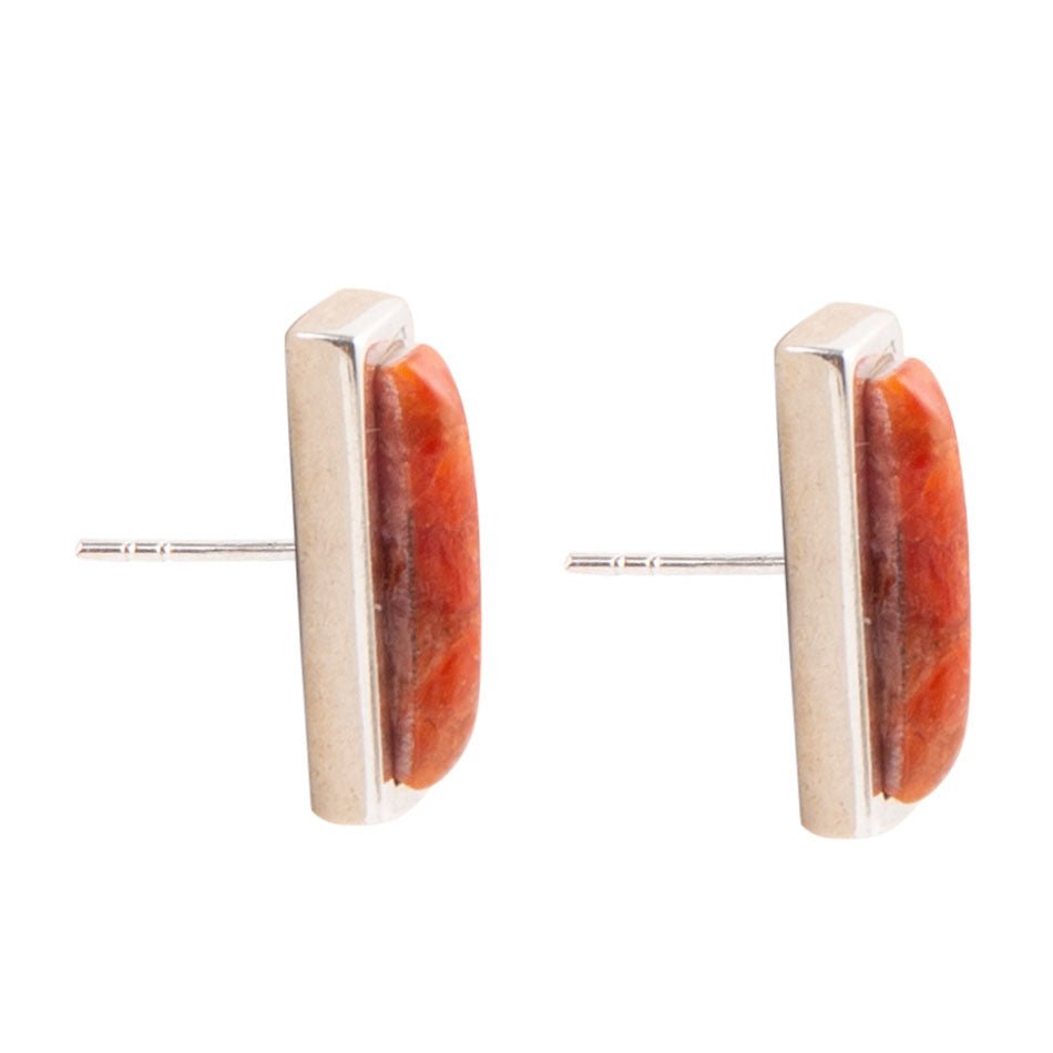 Short Linear Orange Sponge Coral and Sterling Earrings