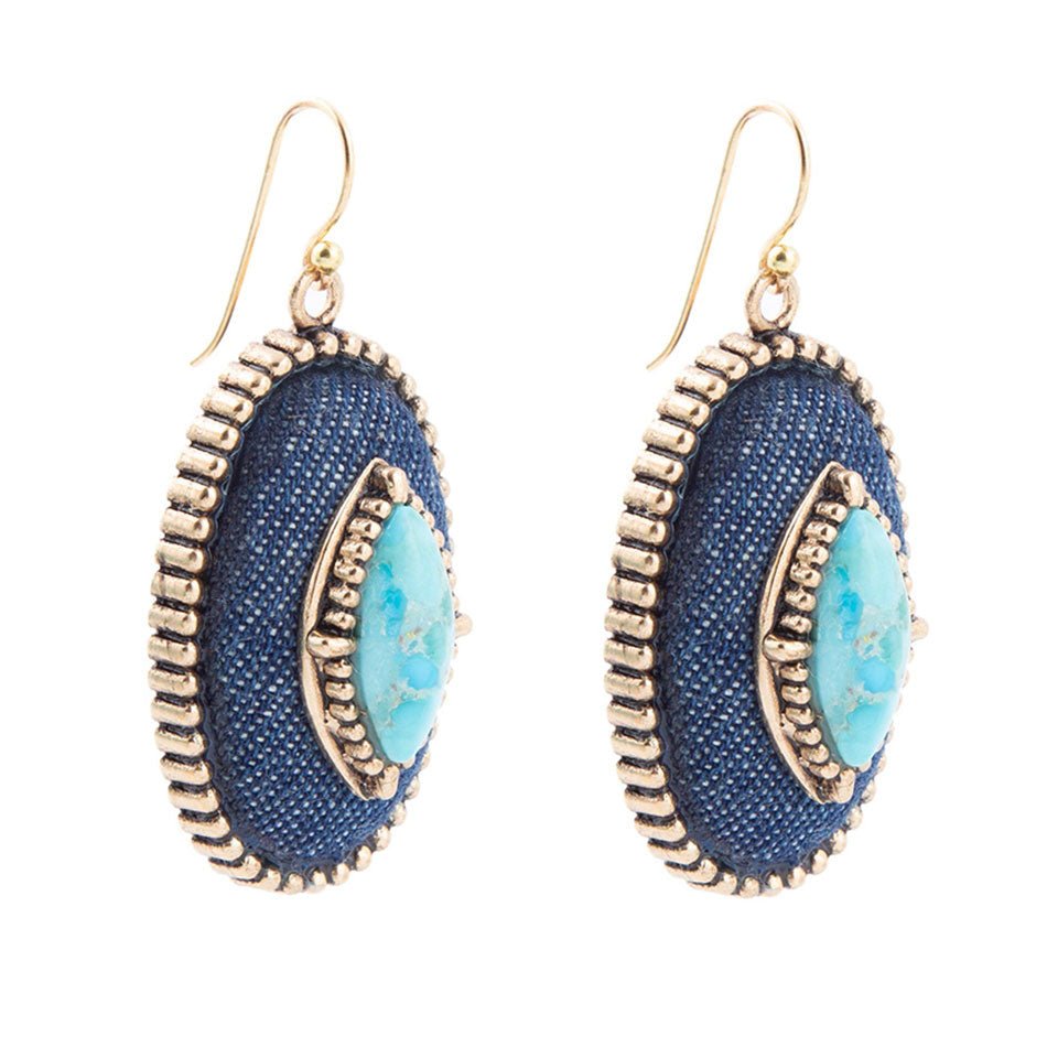 Stacked Blue Turquoise and Denim Golden Drop Earrings