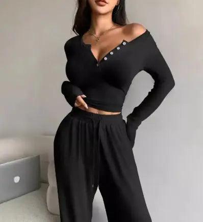 Long-sleeved Button-up And Trousers Two-piece Suit - # GIAA23310005