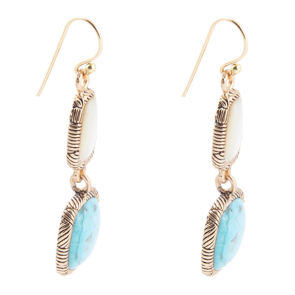 White Mother of Pearl and Blue turquoise Golden Bronze Drop Earrings
