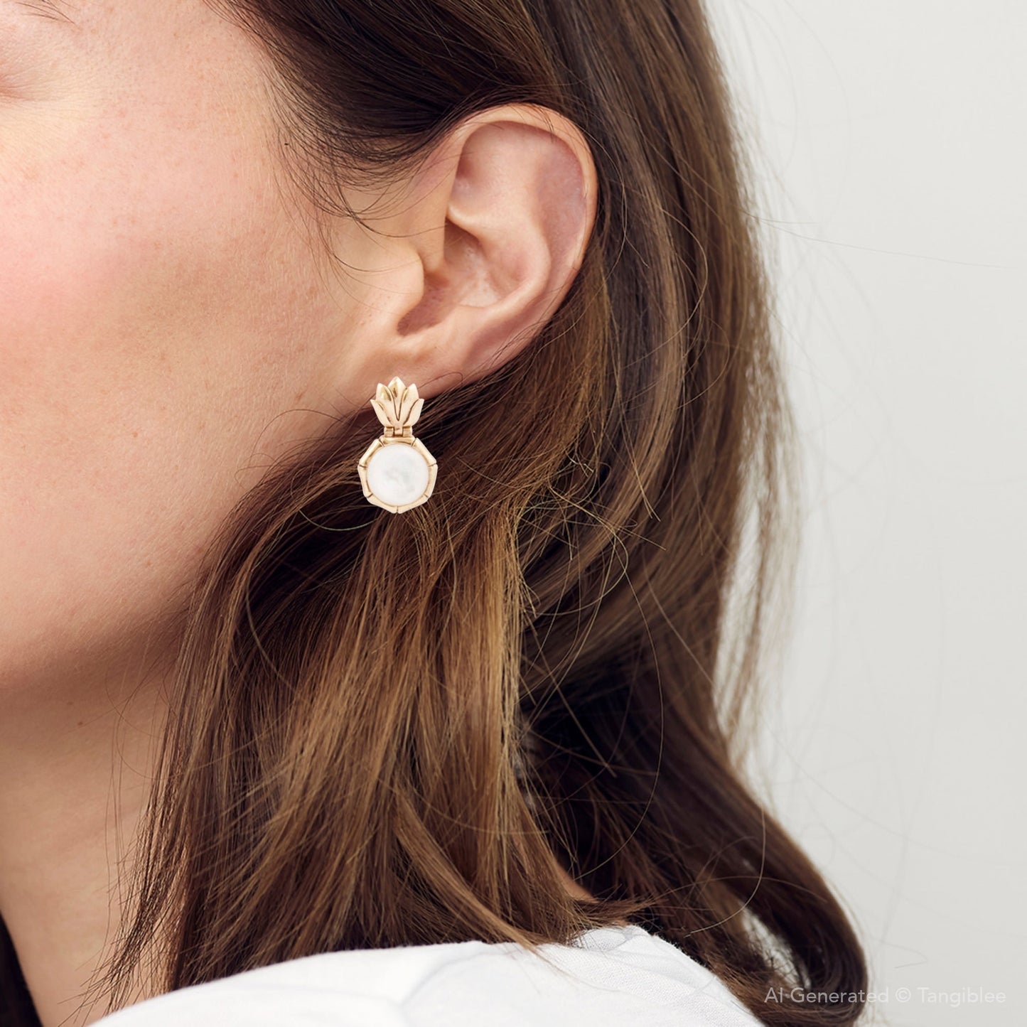 White Mother of Pearl Lotus Post Golden Drop Earrings