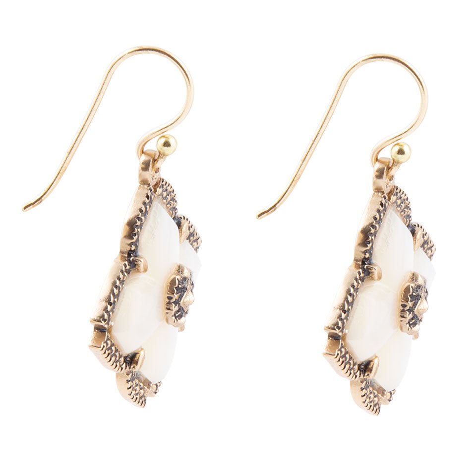 White Mother of Pearl Maltese Cross Golden Drop Earrings