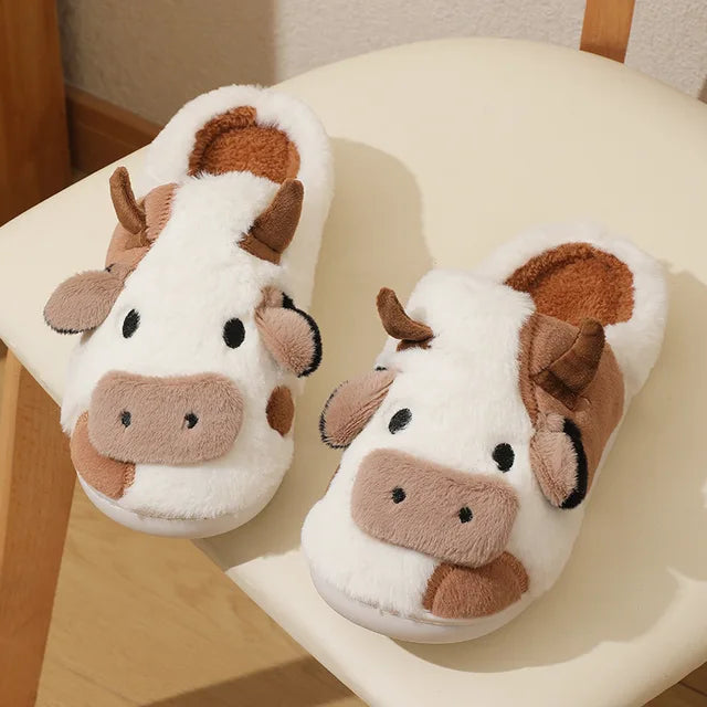 Winter Unisex Cute Cartoon Cow Warm Plush Slippers - # GIAA73610003