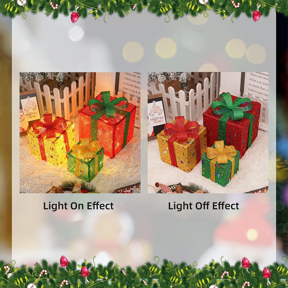 3 Pieces Foldable Christmas Decorations Lighted Gift Boxes with Multi-Color String Lights | NCS
