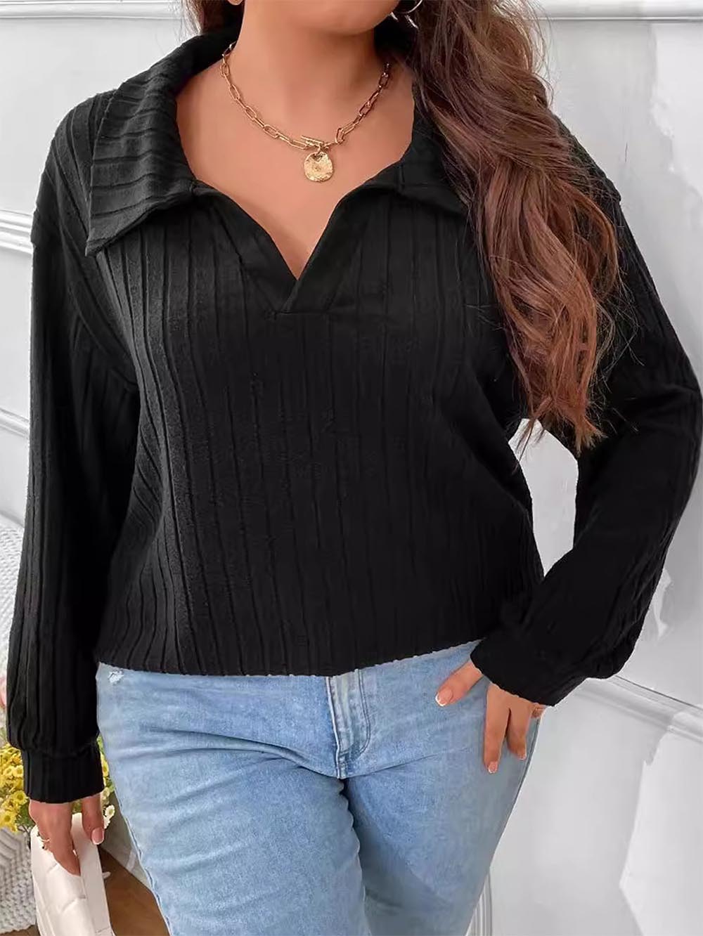 Oversized V-Neck Long Sleeve Ribbed Brushed T-Shirt | NCS