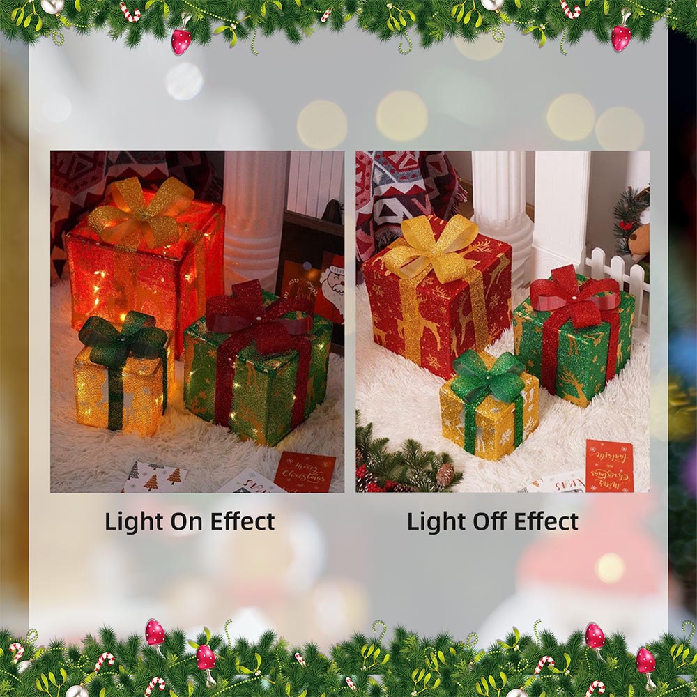 3 Pieces Foldable Christmas Decorations Lighted Gift Boxes with Multi-Color String Lights | NCS