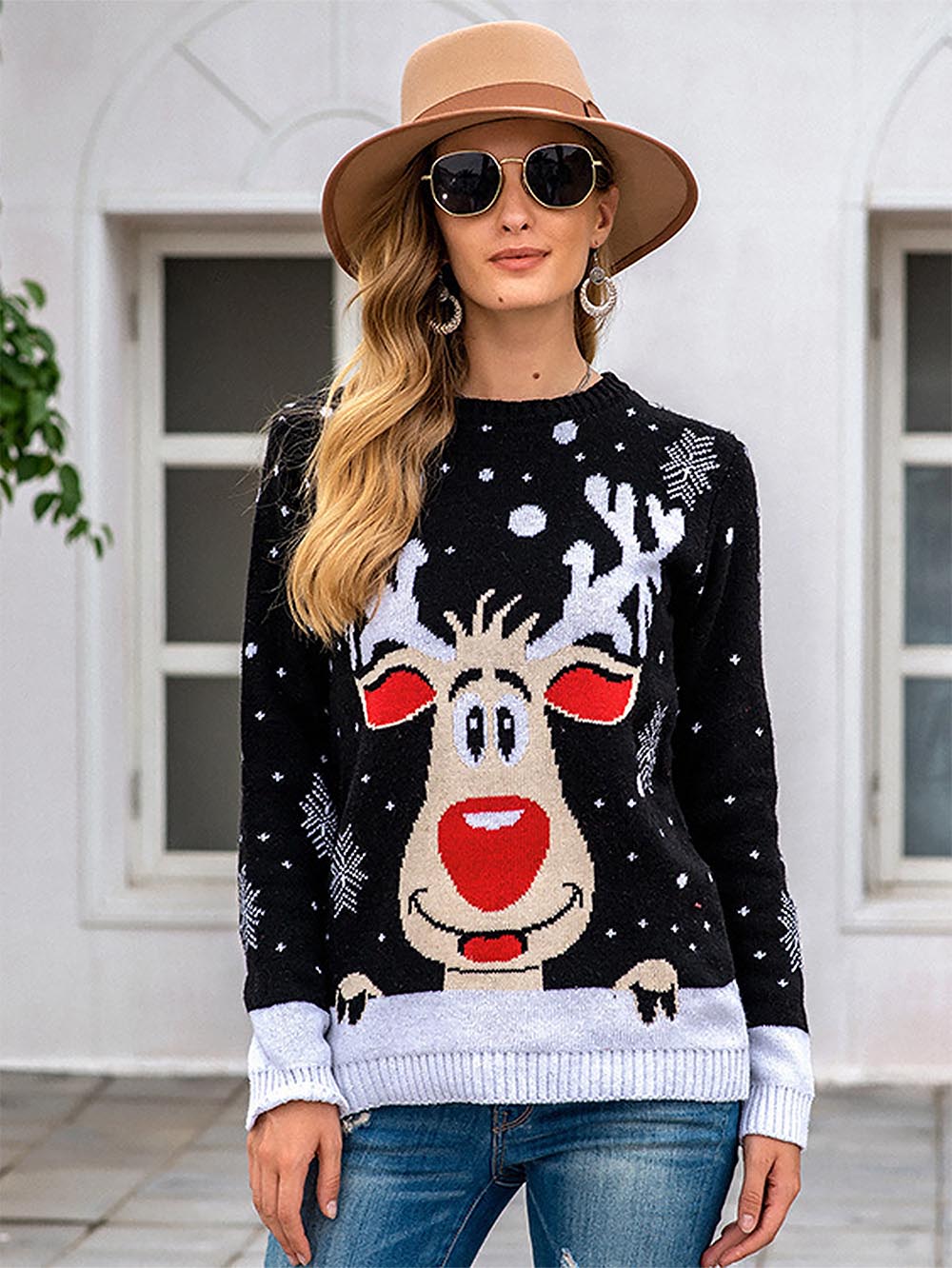 Oversized Christmas Reindeer Jacquard Knit Sweater | NCS