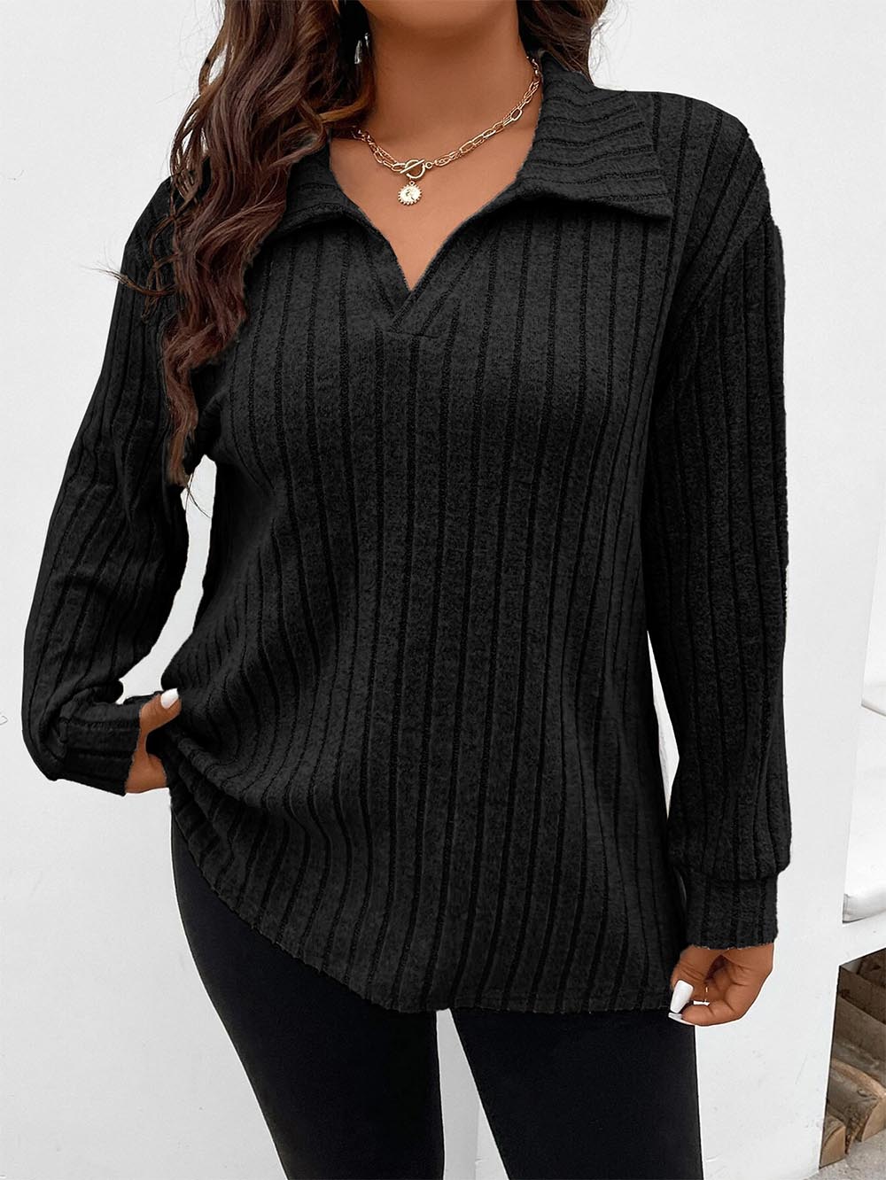 Oversized V-Neck Long Sleeve Ribbed Brushed T-Shirt | NCS