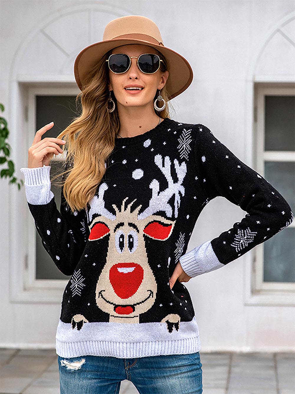 Oversized Christmas Reindeer Jacquard Knit Sweater | NCS