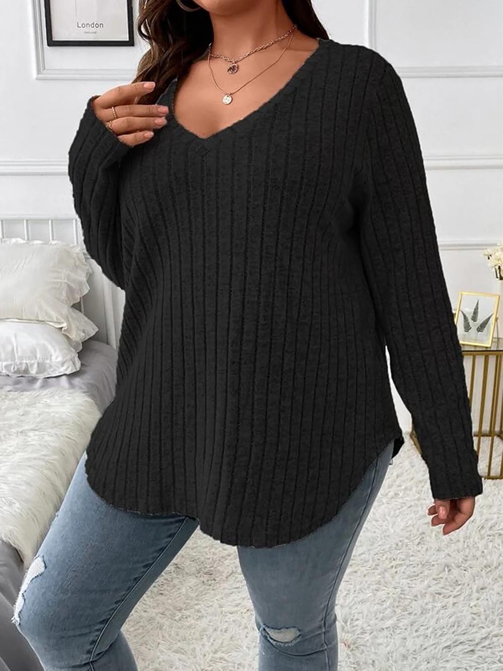 Loose Fit Oversized V-Neck Long Sleeve Ribbed Brushed T-Shirt | NCS