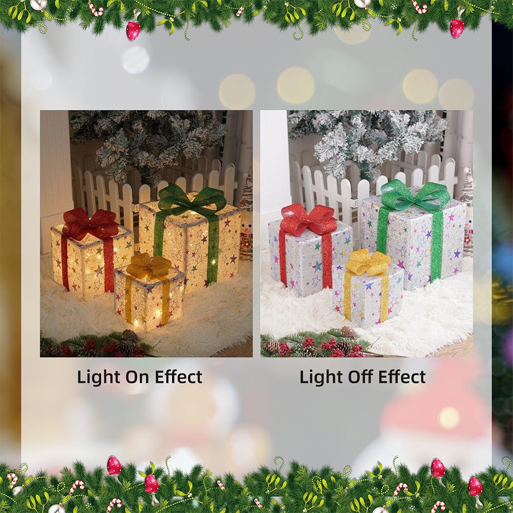 3 Pieces Foldable Christmas Decorations Lighted Gift Boxes with Multi-Color String Lights | NCS