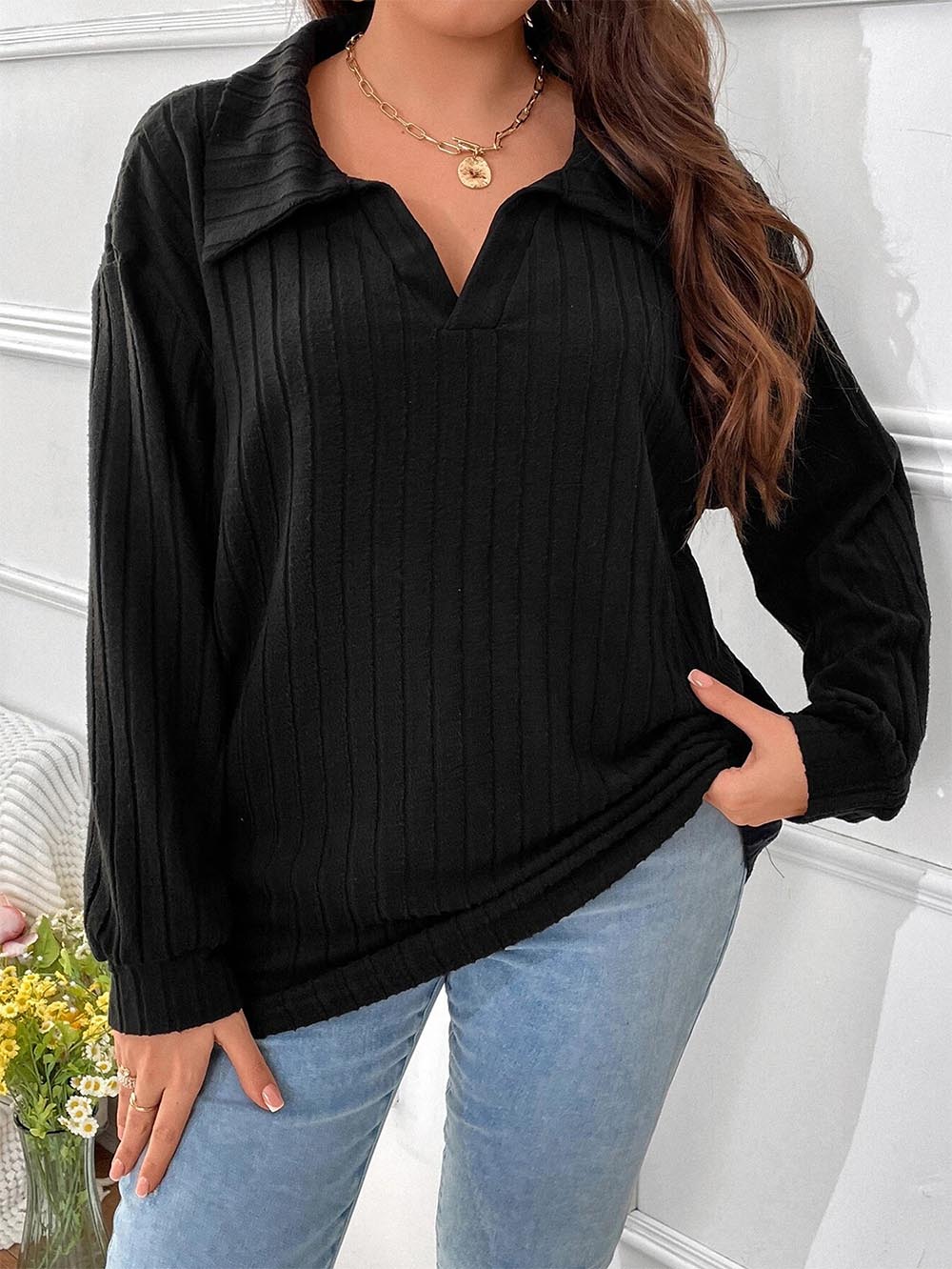 Oversized V-Neck Long Sleeve Ribbed Brushed T-Shirt | NCS