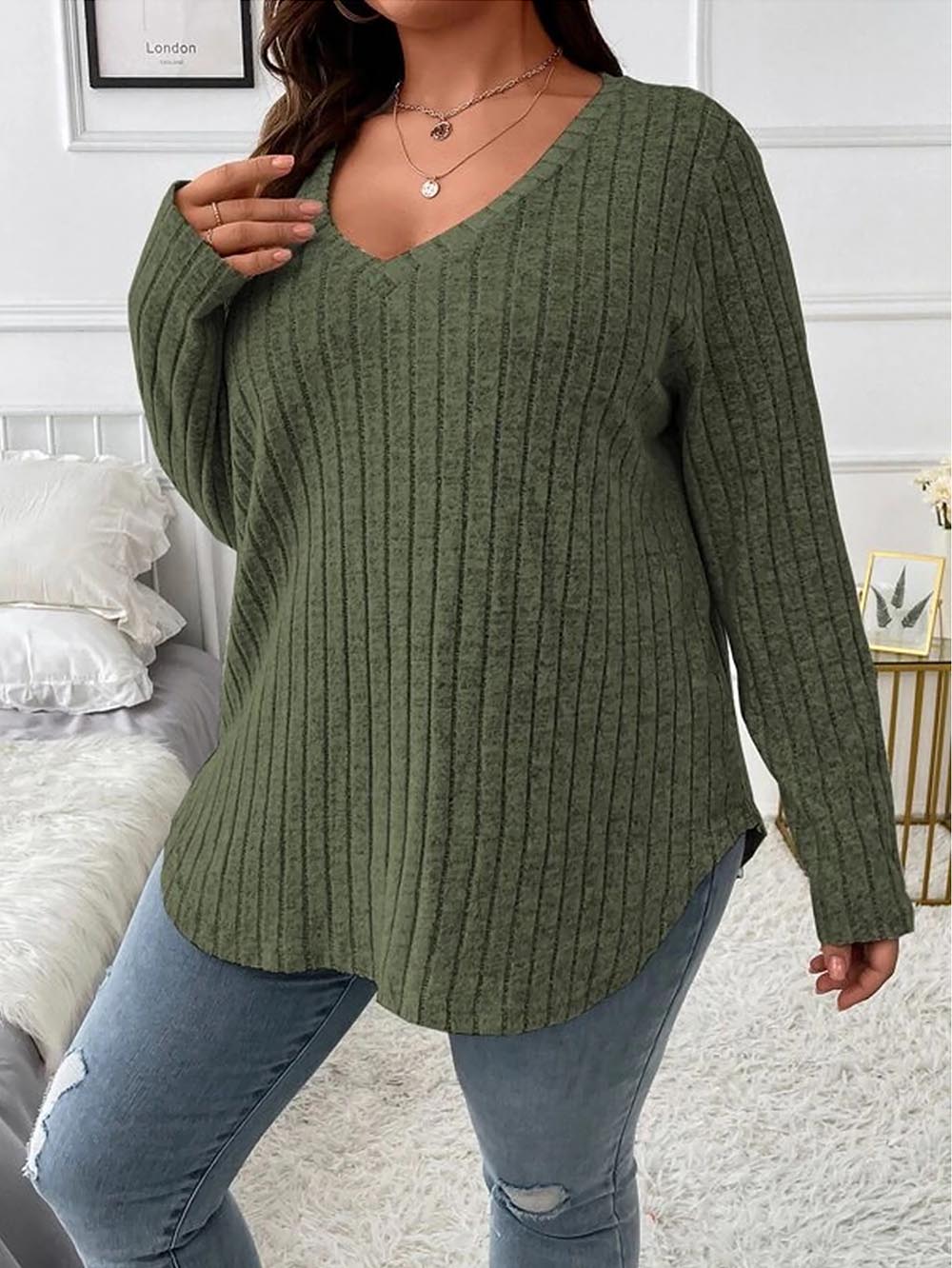Loose Fit Oversized V-Neck Long Sleeve Ribbed Brushed T-Shirt | NCS