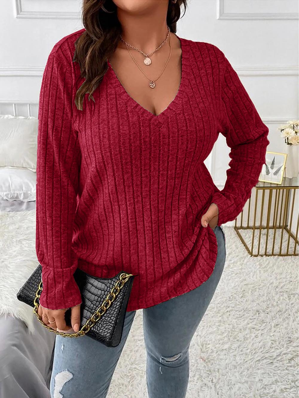 Loose Fit Oversized V-Neck Long Sleeve Ribbed Brushed T-Shirt | NCS