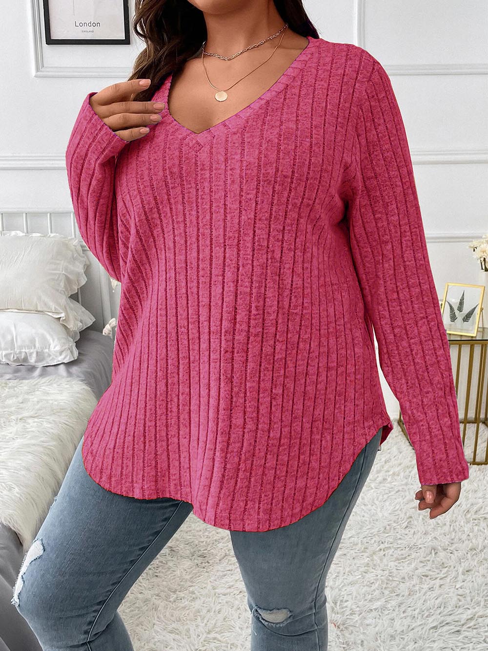 Loose Fit Oversized V-Neck Long Sleeve Ribbed Brushed T-Shirt | NCS