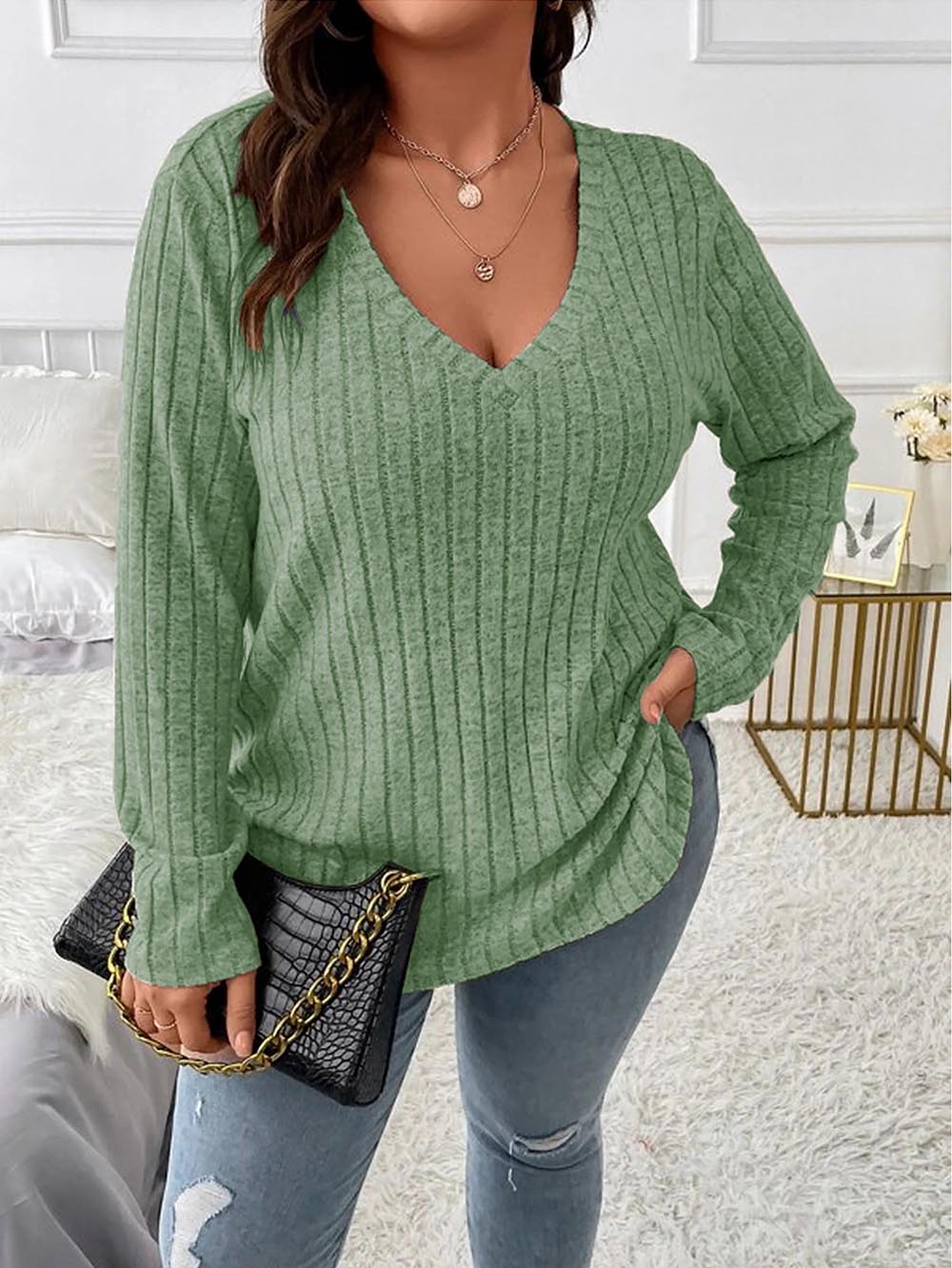 Loose Fit Oversized V-Neck Long Sleeve Ribbed Brushed T-Shirt | NCS