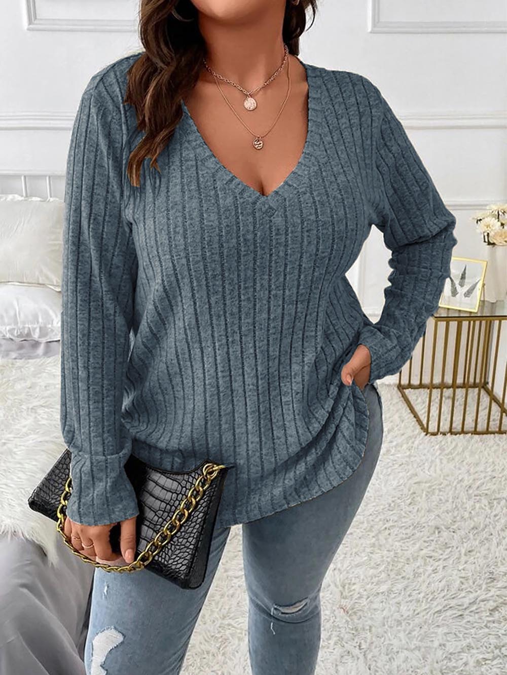 Loose Fit Oversized V-Neck Long Sleeve Ribbed Brushed T-Shirt | NCS