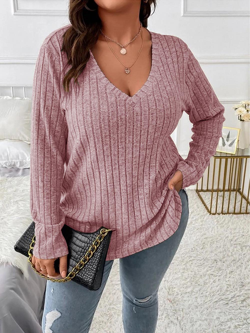 Loose Fit Oversized V-Neck Long Sleeve Ribbed Brushed T-Shirt | NCS