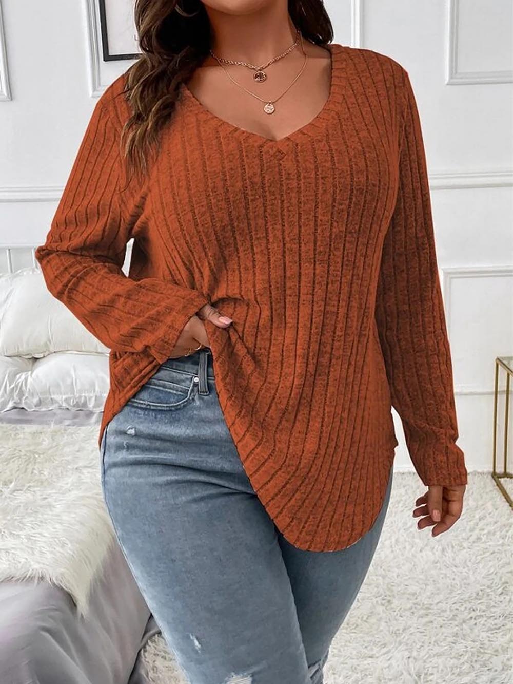 Loose Fit Oversized V-Neck Long Sleeve Ribbed Brushed T-Shirt | NCS