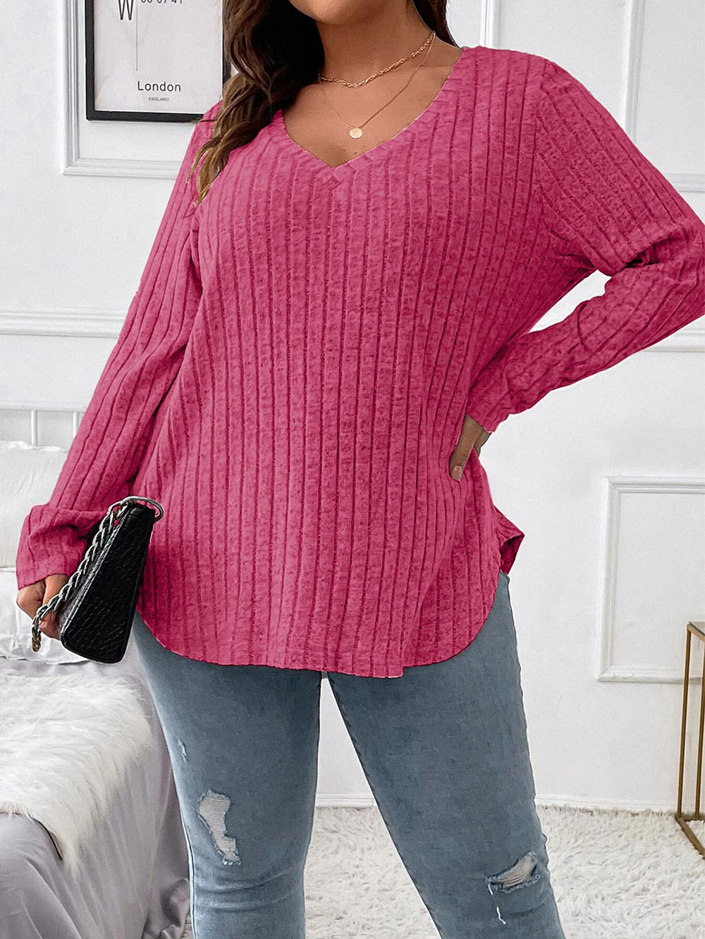 Loose Fit Oversized V-Neck Long Sleeve Ribbed Brushed T-Shirt | NCS