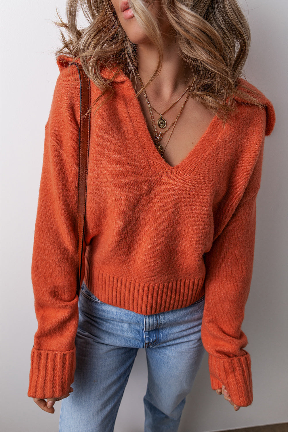 Solid Collared V-Neck Ribbed Edge Sweater