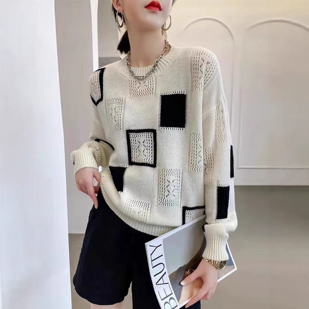 Color Block Plaid Knitwear Top Women Retro Round Neck Sweater