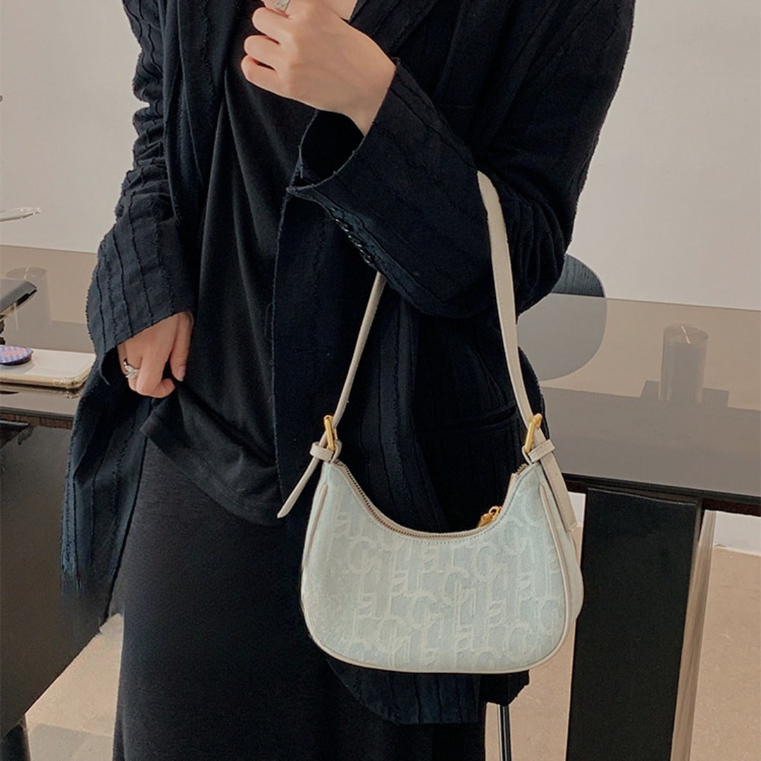 PU retro denim baguette armpit bag female, spring and summer shoulder bag, small hobo bag