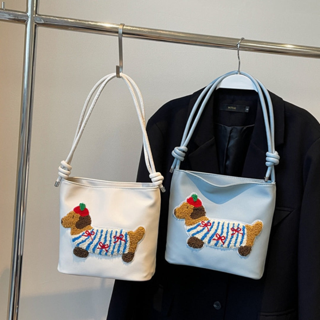 Adorable Cute Puppy Pattern Canvas Bag - Fashionable Bucket Style Shoulder Bag for Students & Women Hobo