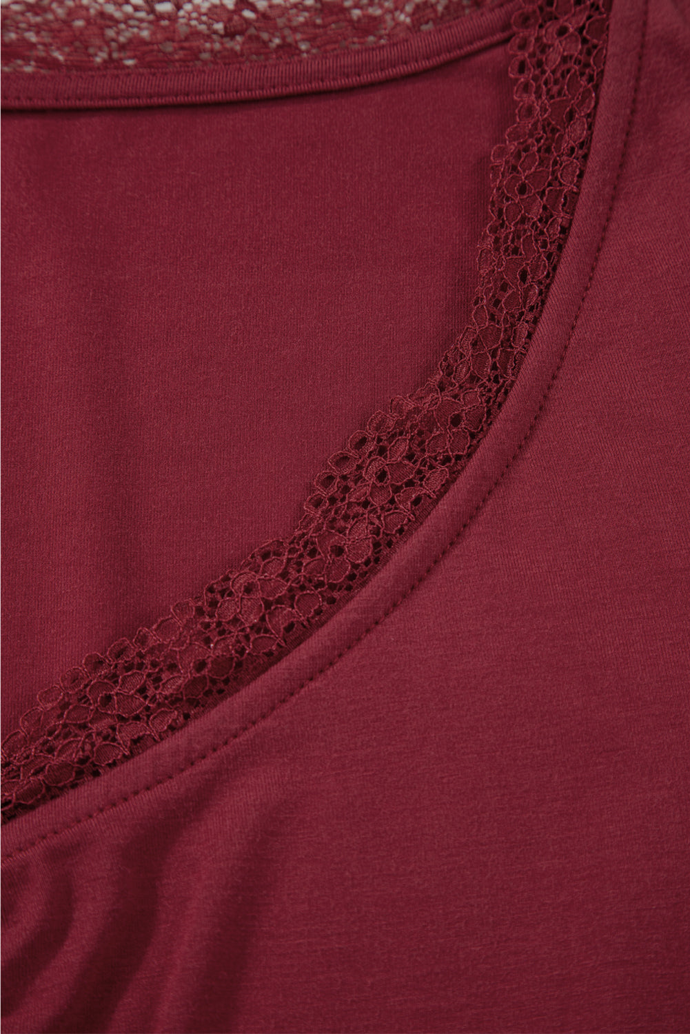 Lace Trim Ruched V-Neck Long Sleeve Top