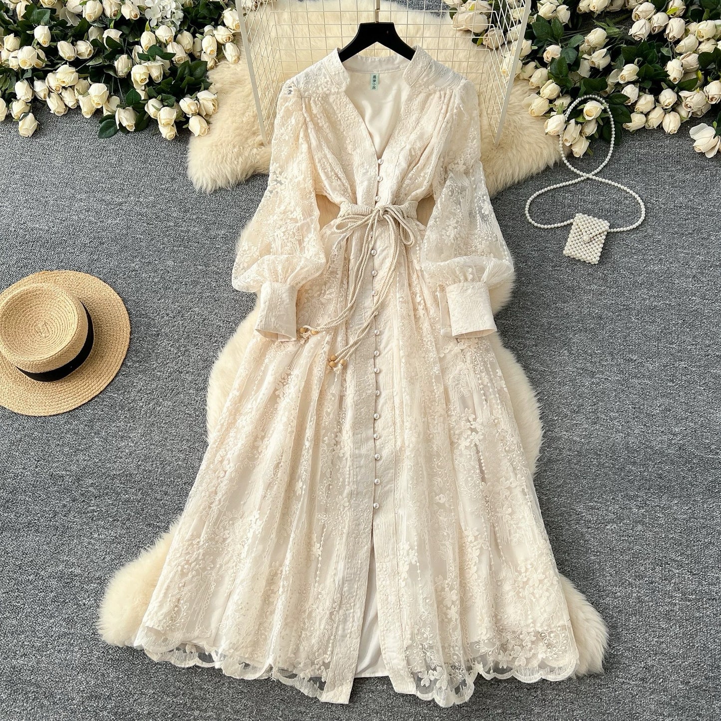 French Embroidered V-Neck Lantern Sleeve Dress