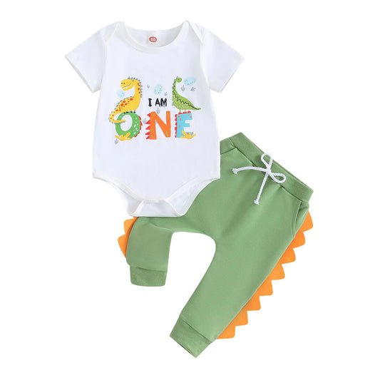 Baby Boy First Birthday Outfit 1st Dinosaur One Romper Onesie Joggers Pant Set One Years Old Birthday Outfit Boy (Green - Dinosaur One 6-12 Months) - # BAAA51210022