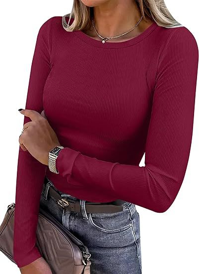Long-sleeved Elastic Round Neck Rib T-shirt