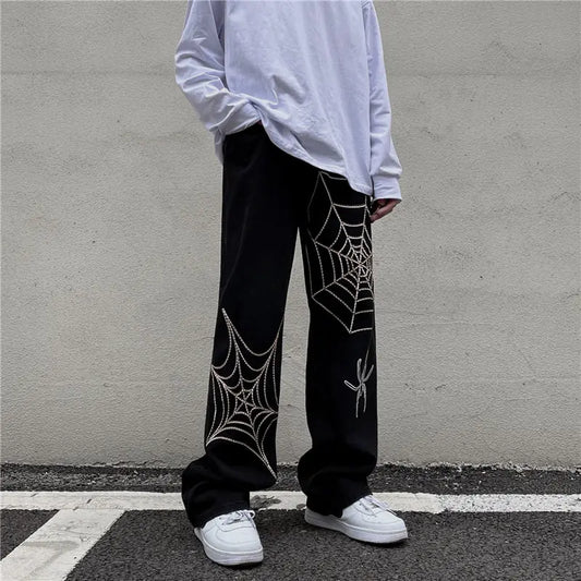 Boys and Men's Black Streetwear Spider Web Pants - # BOAA13410013