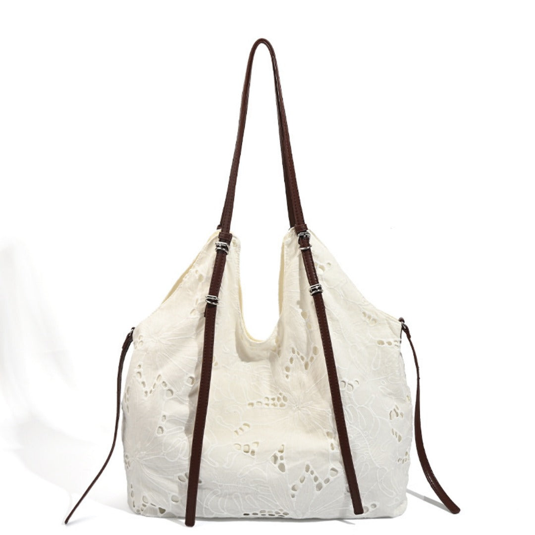 White large capacity hobo purse, embroidered shoulder bag, tote bag, commuter underarm bag