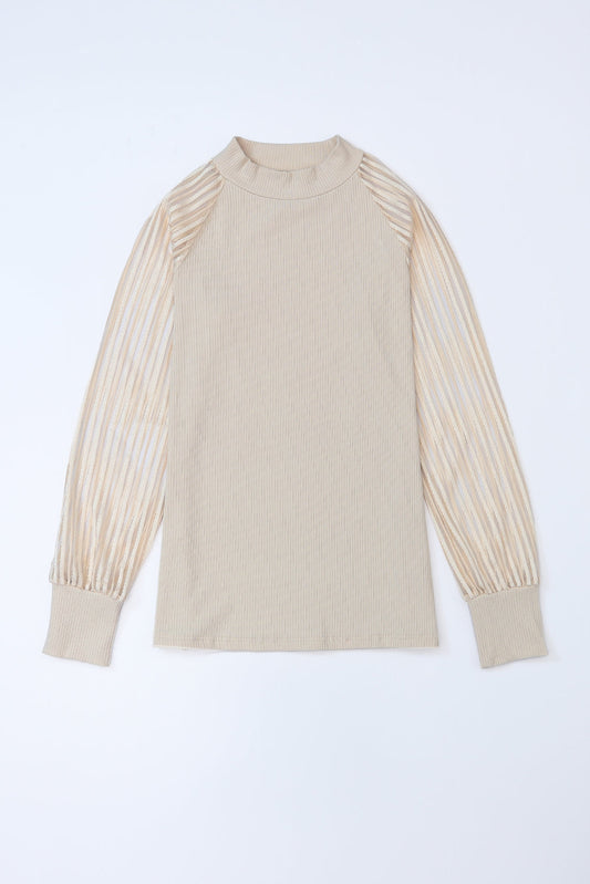 Stripe Ribbed Mesh Long Sleeve Crewneck Top