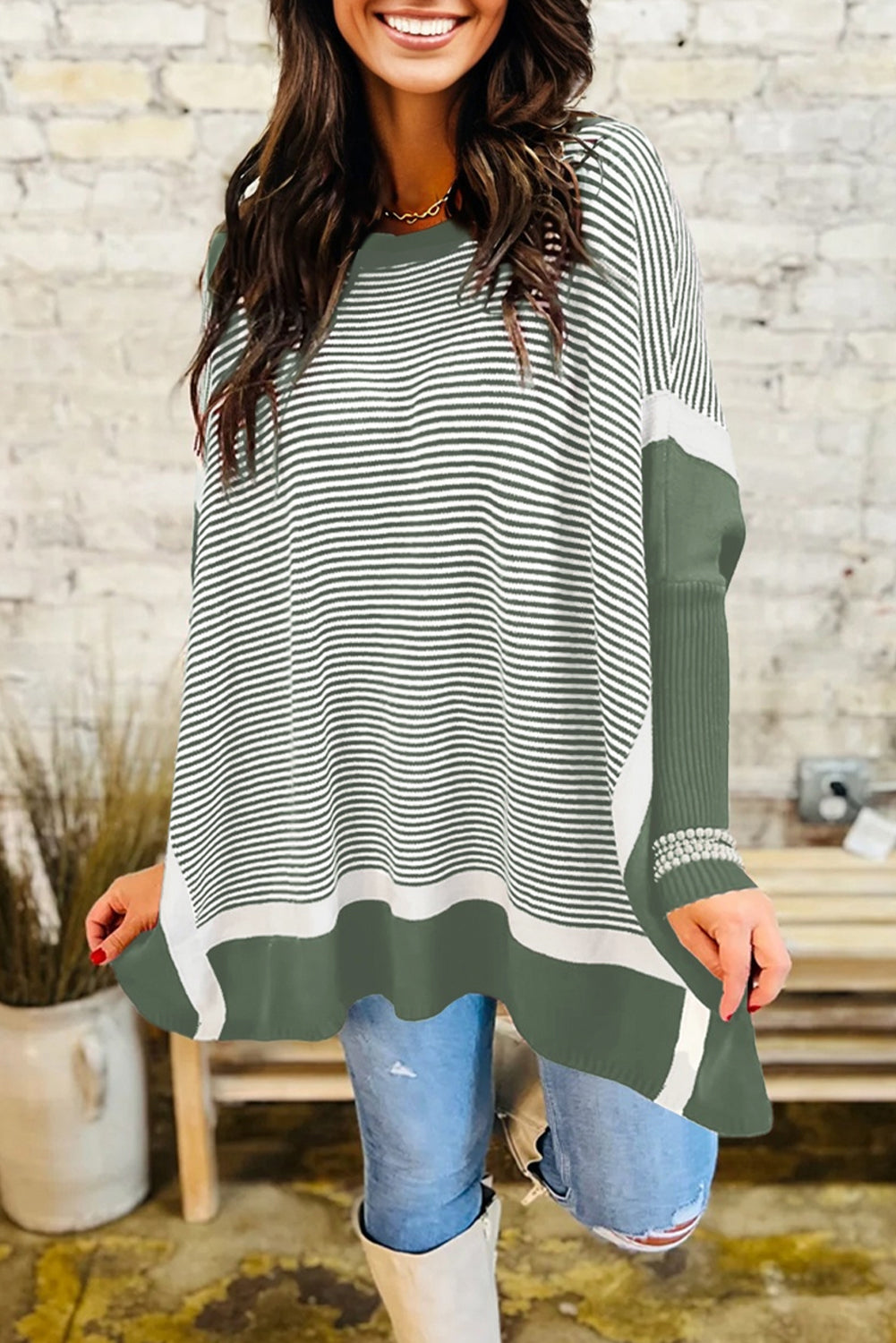 Stripe Colorblock Patchwork Dolman Sleeve Sweater