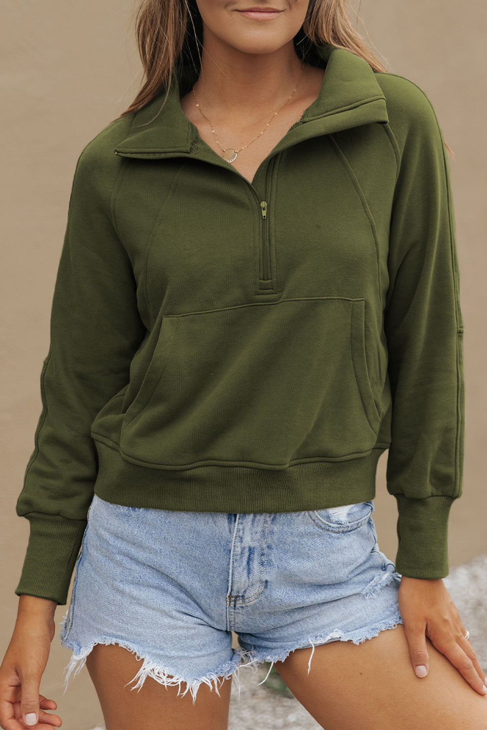 Solid Fleece-Lined Half-Zip Up Collar Sweatshirt