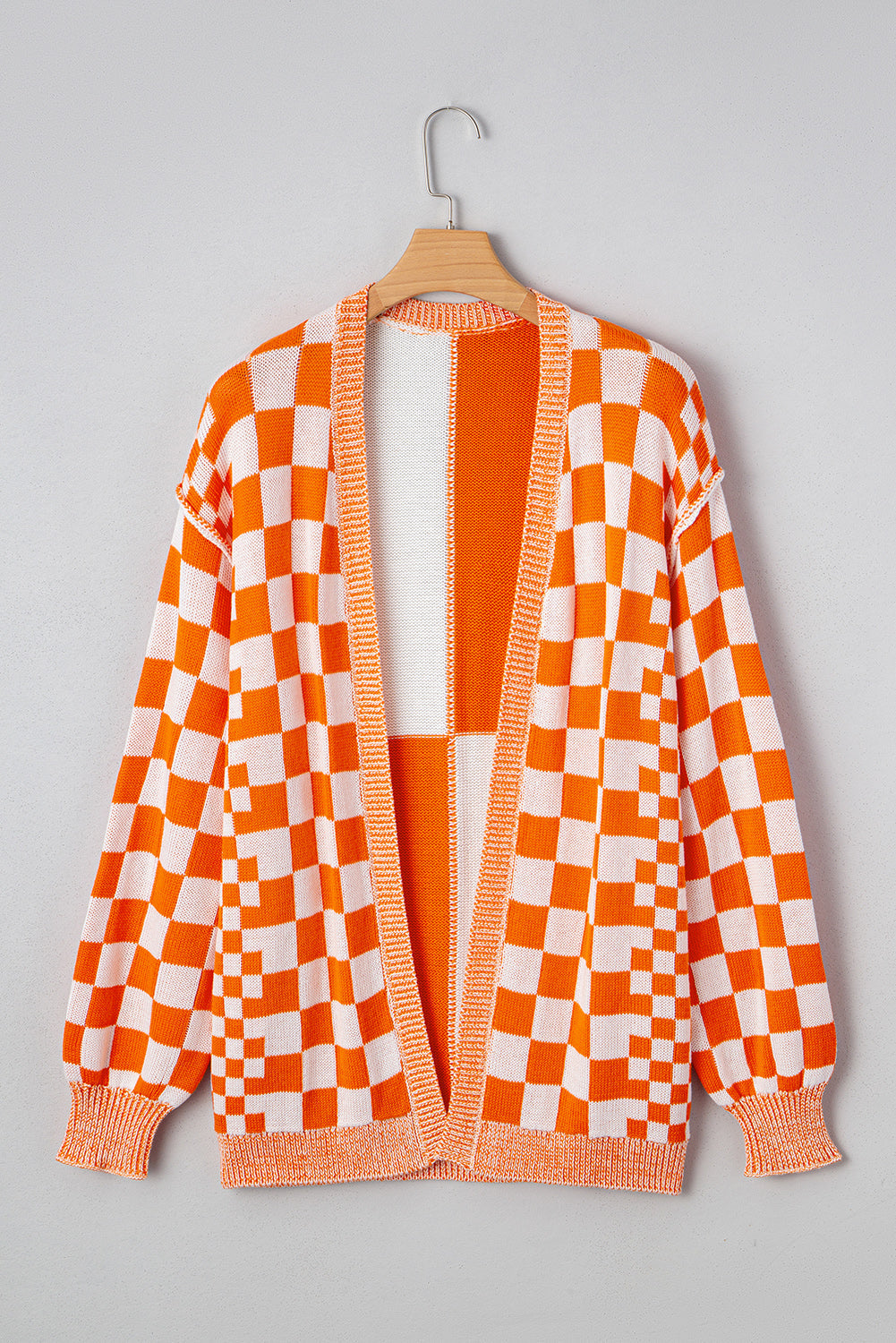 Checker Open Front Drop Shoulder Cardigan