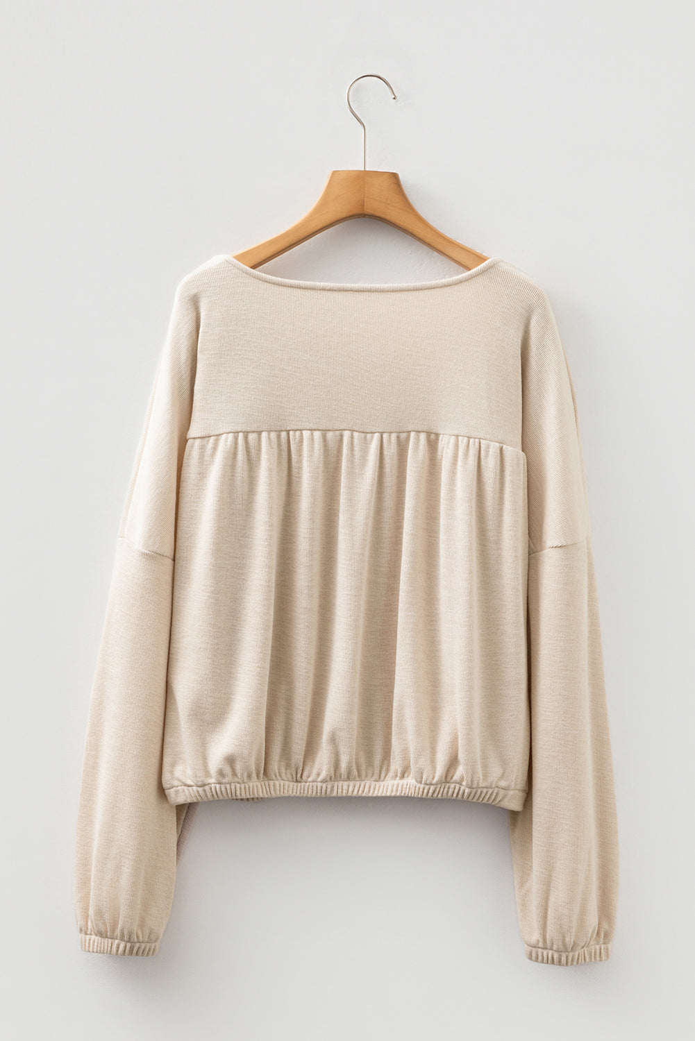 Solid Ribbed Knit Pleated Long Sleeve Top