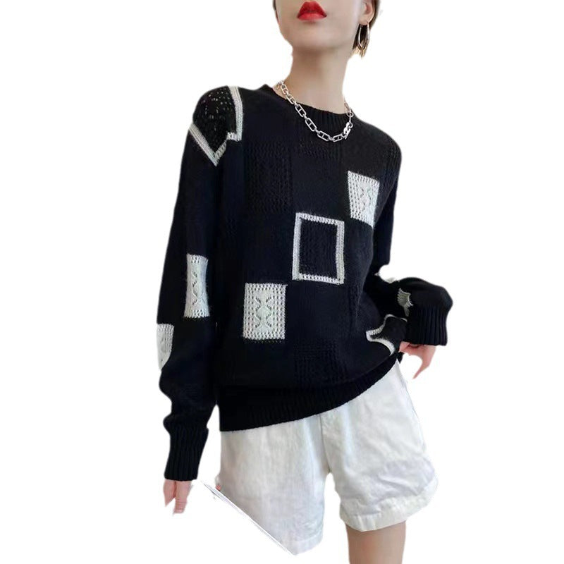 Color Block Plaid Knitwear Top Women Retro Round Neck Sweater